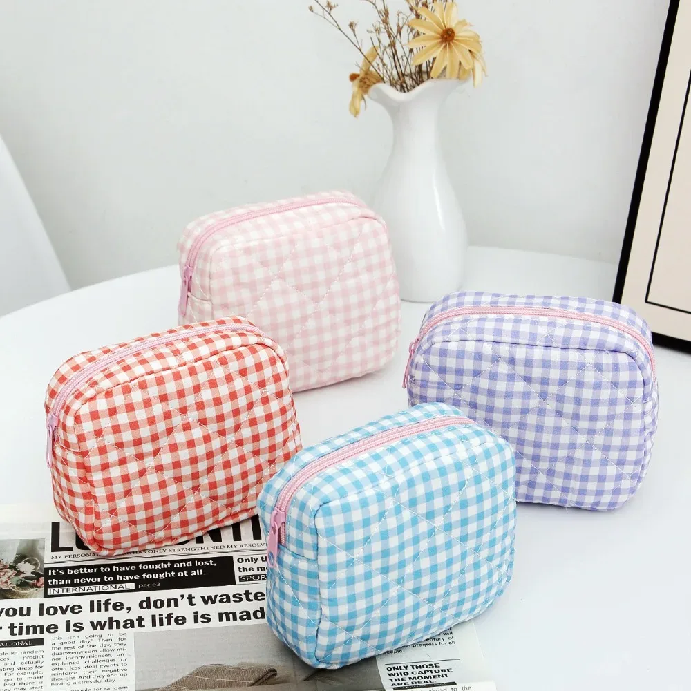 sac de maquillage portable, design matelassé, motif à carreaux, sac de rangement pour pinceaux de maquillage avec fermeture éclair, sac de toilette multifonctionnel pour les voyages