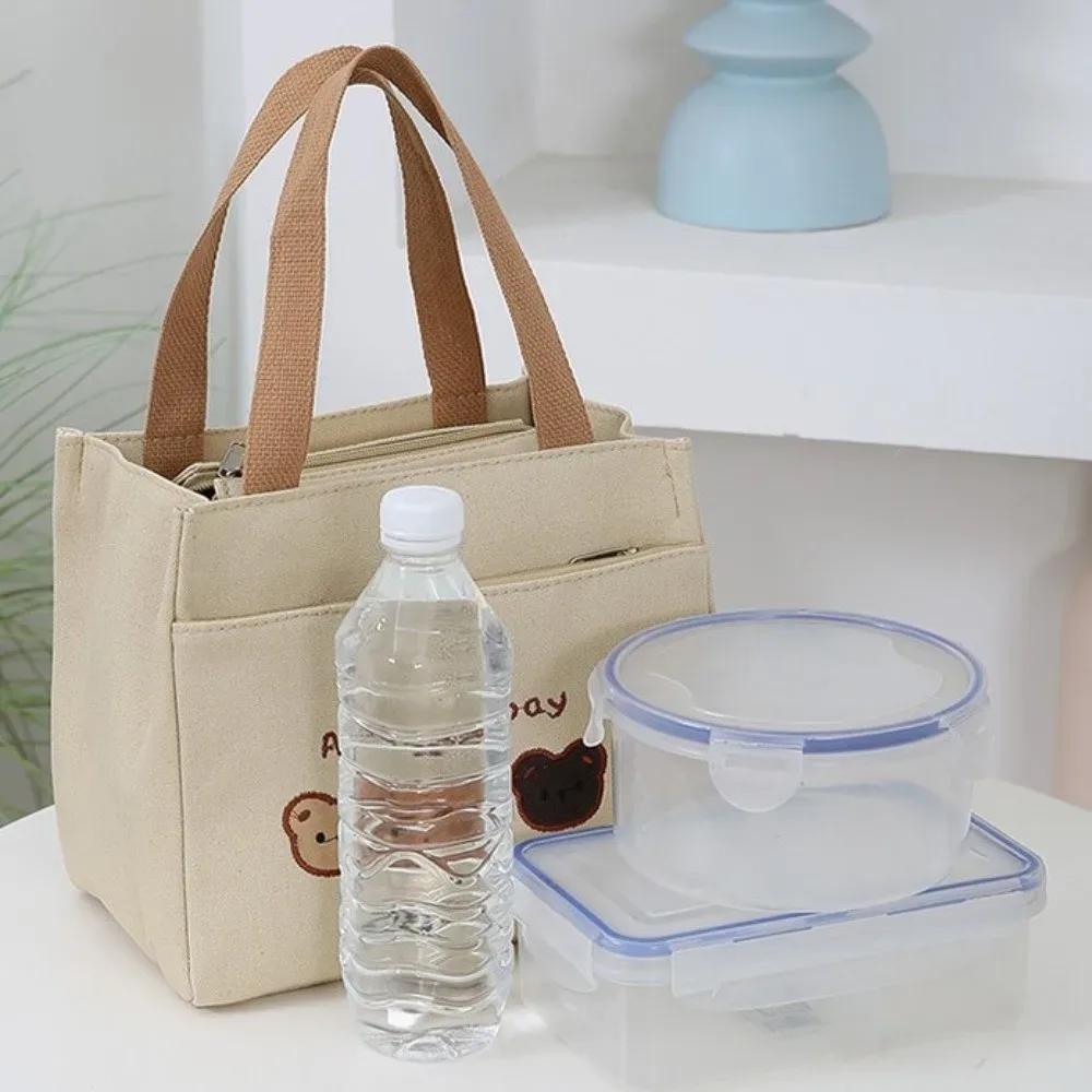 sac fourre-tout brodé avec 3 ours mignons, fermeture à glissière, grande capacité, sac à déjeuner en toile, sac à main léger réutilisable pour pique-nique