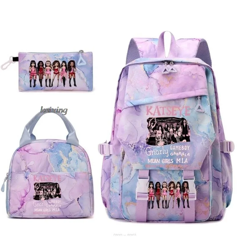 nouveaux sacs à dos katseye à imprimé amusant, 3 pièces/ensemble, sac d'école pour étudiants, sac de voyage pour adolescents, filles et garçons, sacs à lunch, sac à dos