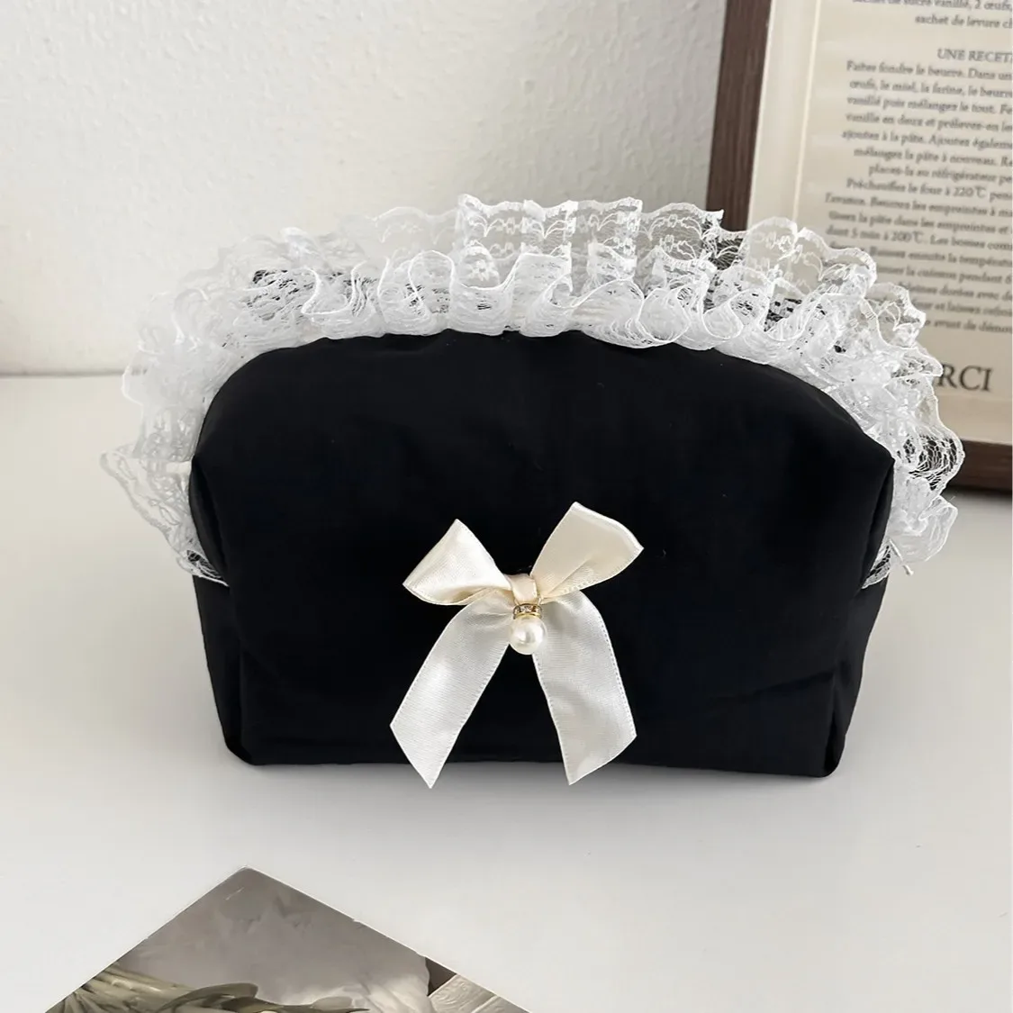 trousse de maquillage femme noire en dentelle avec nœud, grande capacité, sac de voyage cosmétique portable et mignon pour femmes