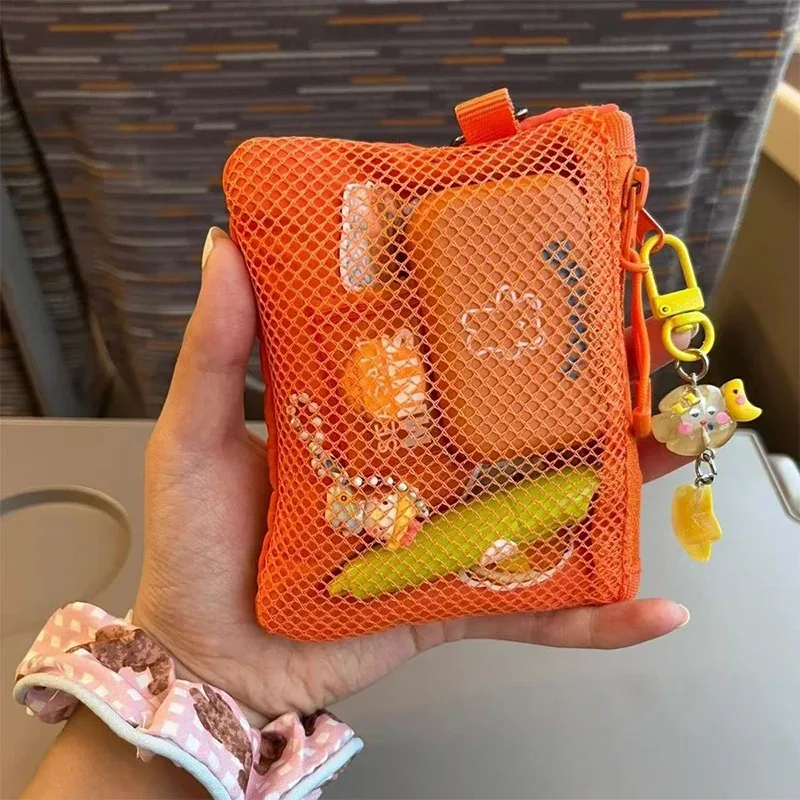 sac de rangement de maquillage de voyage portable simple, sac en maille à fermeture éclair double couche, rangement d'articles divers légers, porte-monnaie carré polyvalent