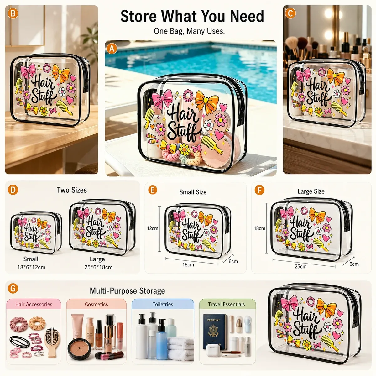 trousse de toilette transparente en pvc avec imprimé mignon pour accessoires cheveux et maquillage – organisateur de voyage