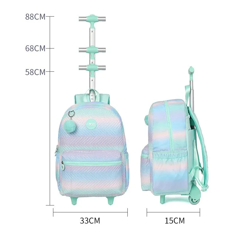 sac dos polyester forme rectangulaire motif bandes horizontales colorées pompons blancs roues poignée etudiante voyage sac école