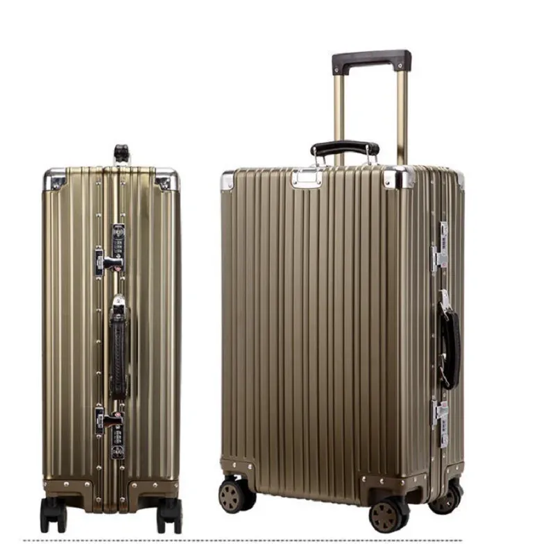 valise vintage en alliage d'aluminium-magnésium de qualité supérieure, bagage à roulettes de voyage léger de 20/24/26/29 pouces avec poignée en cuir