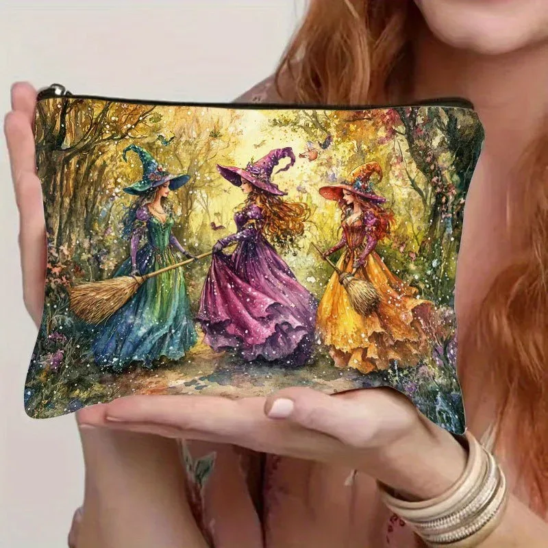 trousse de maquillage rétro en résine de sorcière, avec motif de forêt d'automne vibrante, fermeture à glissière sécurisée, sac de voyage multifonctionnel