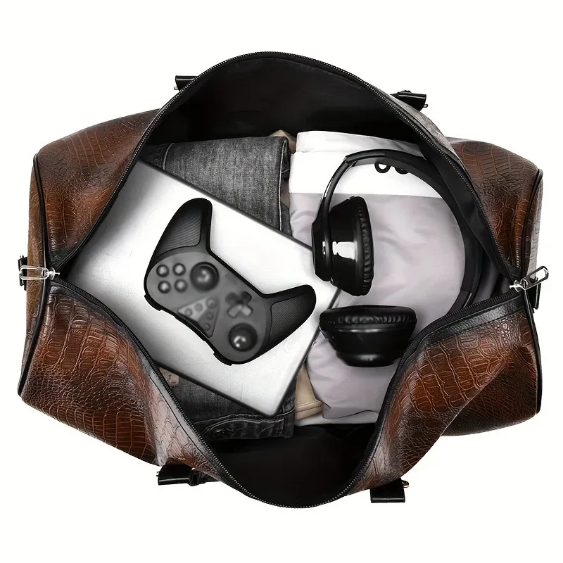 sac de voyage rétro grande capacité en cuir texturé crocodile, sac de sport durable pour les vacances et les voyages d'affaires