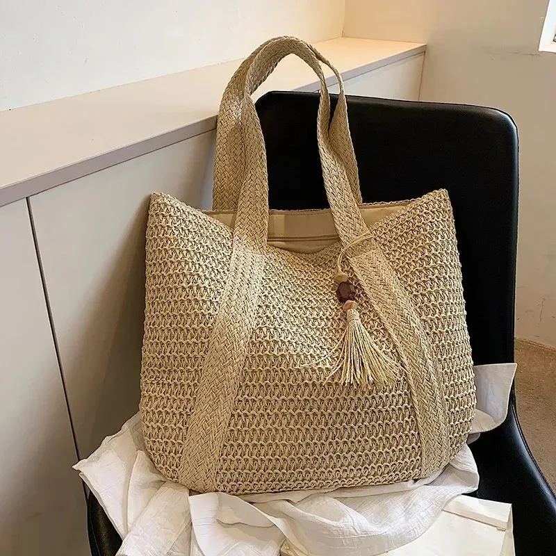 sac à main élégant en paille tressée pour femme, sac fourre-tout rétro à poignée supérieure, sac à bandoulière décontracté pour la plage, les vacances et les trajets quotidiens