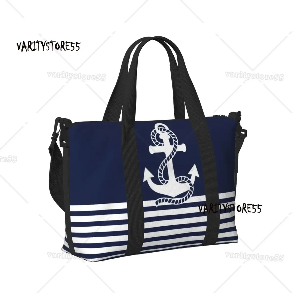 sac fourre-tout de plage personnalisé à rayures bleu marine et ancre blanche pour femmes, fourre-tout extra large pour salle de sport, sacs de shopping de voyage de navigation