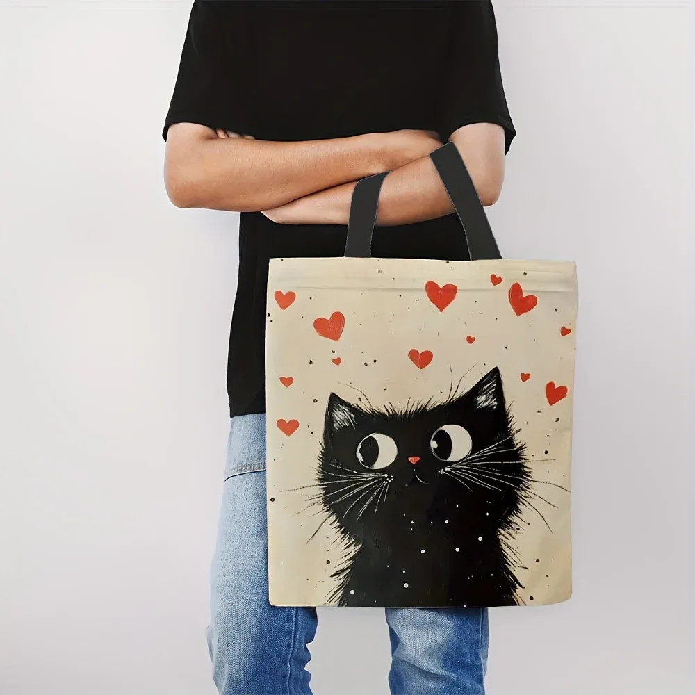 sac fourre-tout en polyester de grande capacité, sac à bandoulière rectangulaire avec imprimés de chat noir et de cœur, durable pour le shopping, 1 pièce