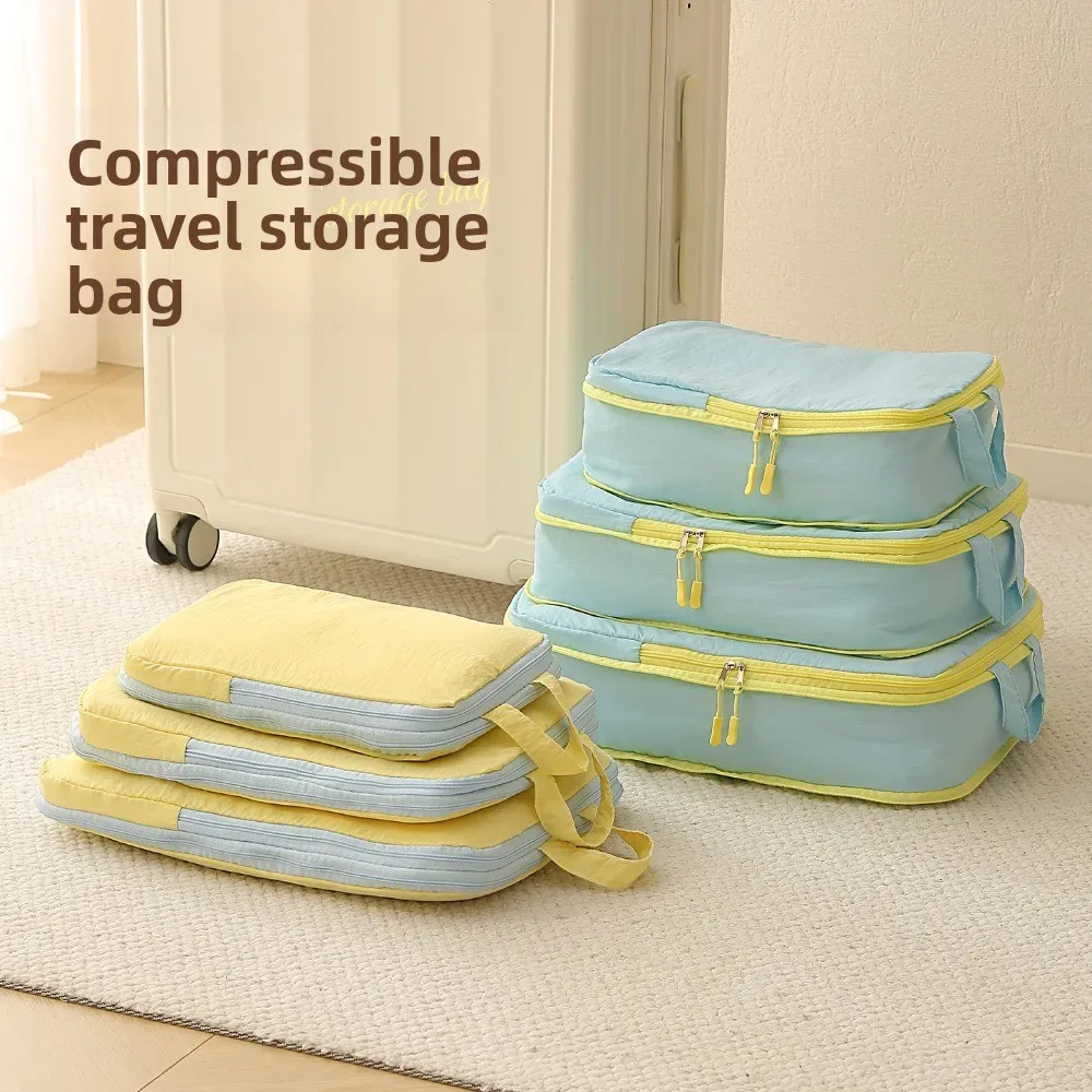 organisateur voyage compression taslan jaune bleu cube sacs chaussures rangement vacances longue durée hygiène transport