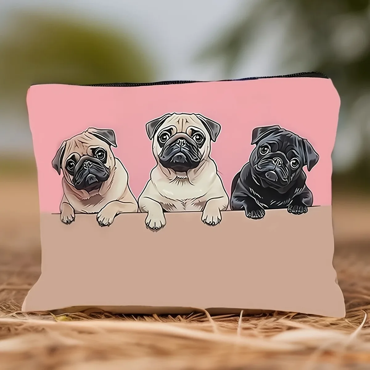 Pochette Voyage Polyester Chien Mignons Motif Rose Beige Blanc Noir Trousse Maquillage Rectangulaire Organisateur Cosmétiques