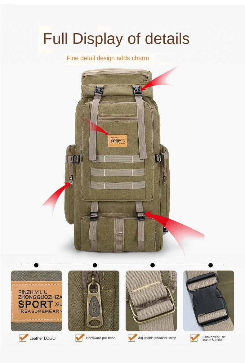 grand sac à dos en toile pour camping, randonnée en plein air, voyage, pêche, 80l, nouveau