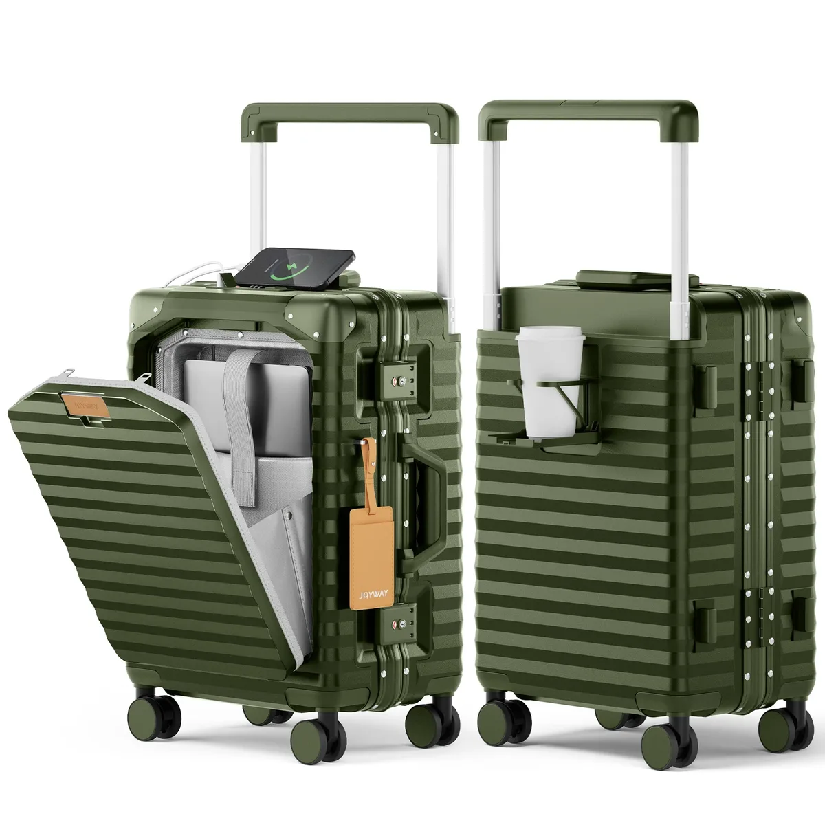 valise joyway 20 pouces en aluminium avec poche avant, port usb, porte-gobelet, serrure tsa et roulettes pivotantes