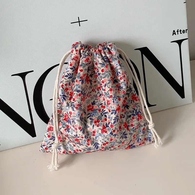 pochette de rangement en tissu de coton en treillis, pochette de rangement à cordon de serrage floral, emballage porte-monnaie, rouge à lèvres, organisateur de bijoux, sac cadeau de noël