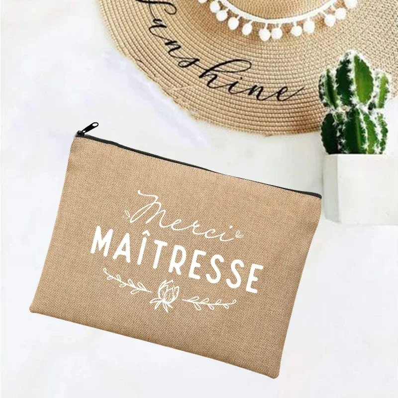 cadeau maitresse école cadeau maitresse trousse de maquillage sacs de maquillage en lin merci professeur impression française simple bracelet pochette plage papeterie stockage voyage organisateur étui cadeaux