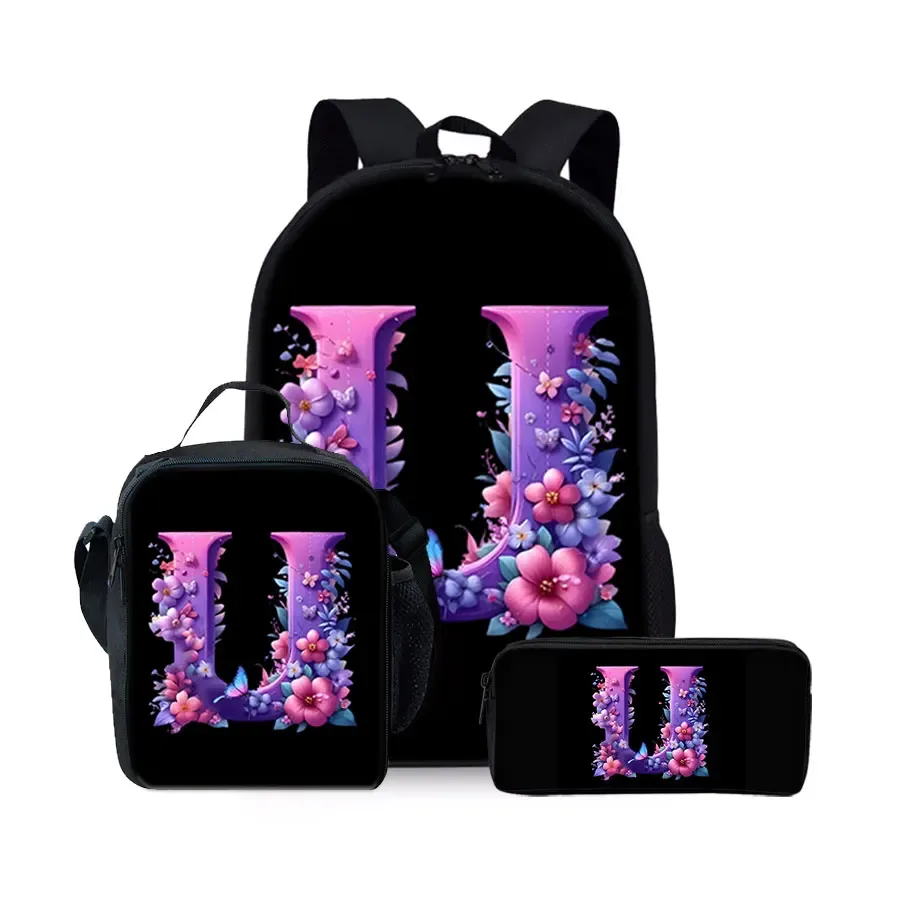 nouvel ensemble de sacs à dos trois pièces à motif alphabet anglais pour garçons et filles – meilleurs cadeaux – sac à dos scolaire plat 2d dessin animé pour enfants