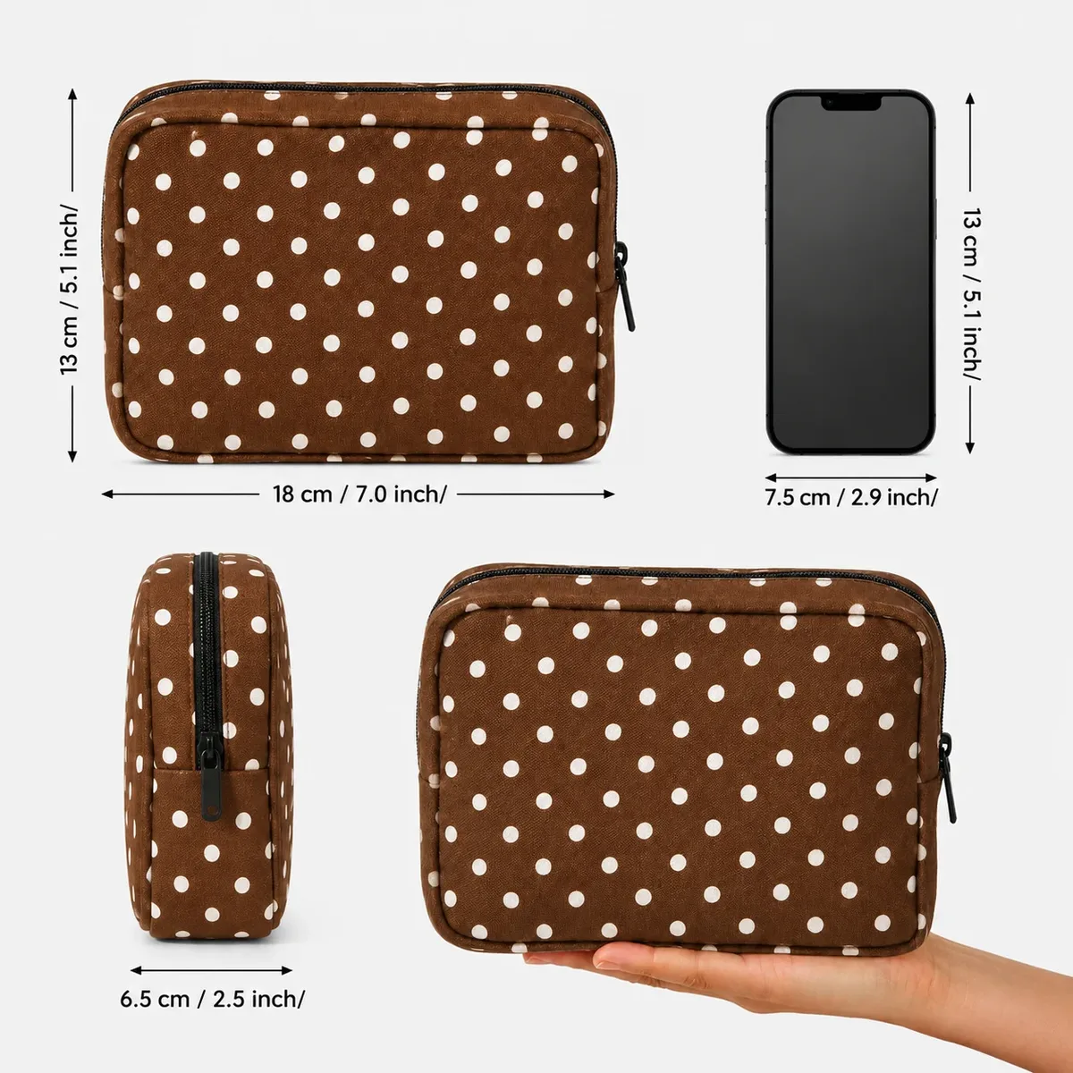 trousse de maquillage marron à pois, pochette portable grande capacité, organisateur de toilette pour femmes, essentiels de beauté quotidiens et de voyage