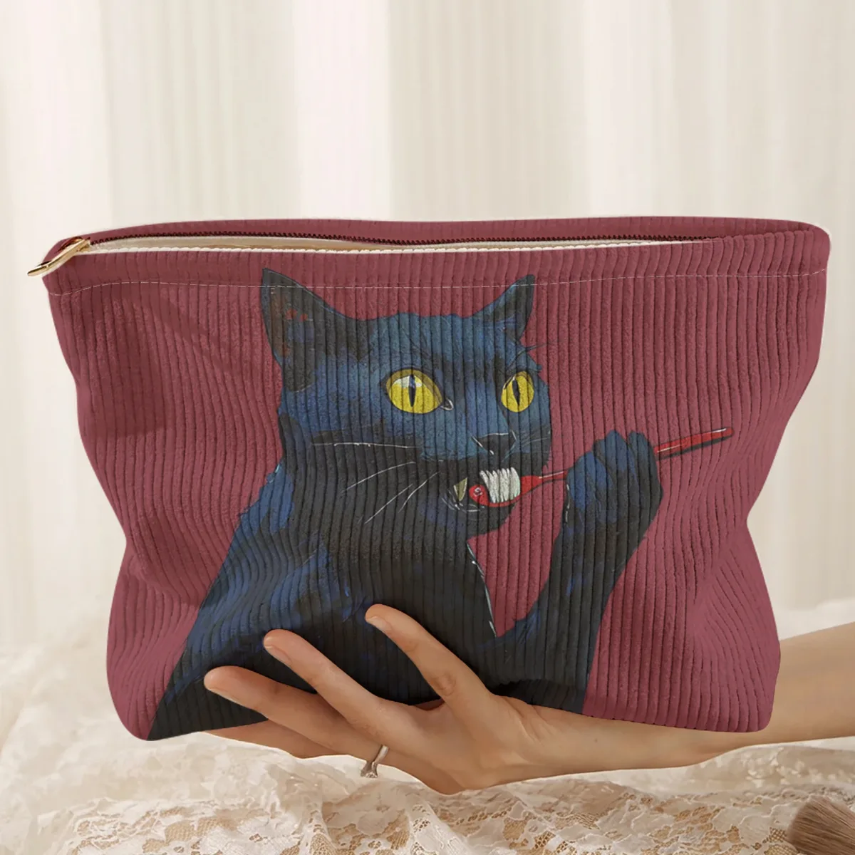 1 pièce, trousse de maquillage en velours côtelé à motif de chat noir, boîte de rangement légère à fermeture éclair, sac multifonctionnel avec doublure