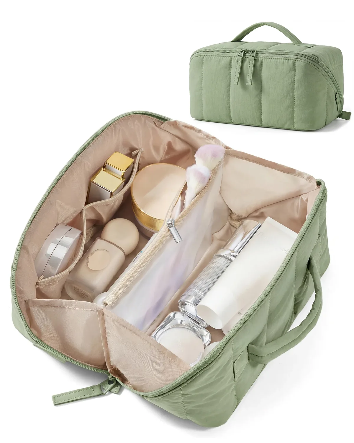 bagsmart trousse de maquillage de voyage matelassée pour femme, ouverture plate, résistante à l'eau, marron, trousse de toilette portable, organiseur de maquillage rembourré