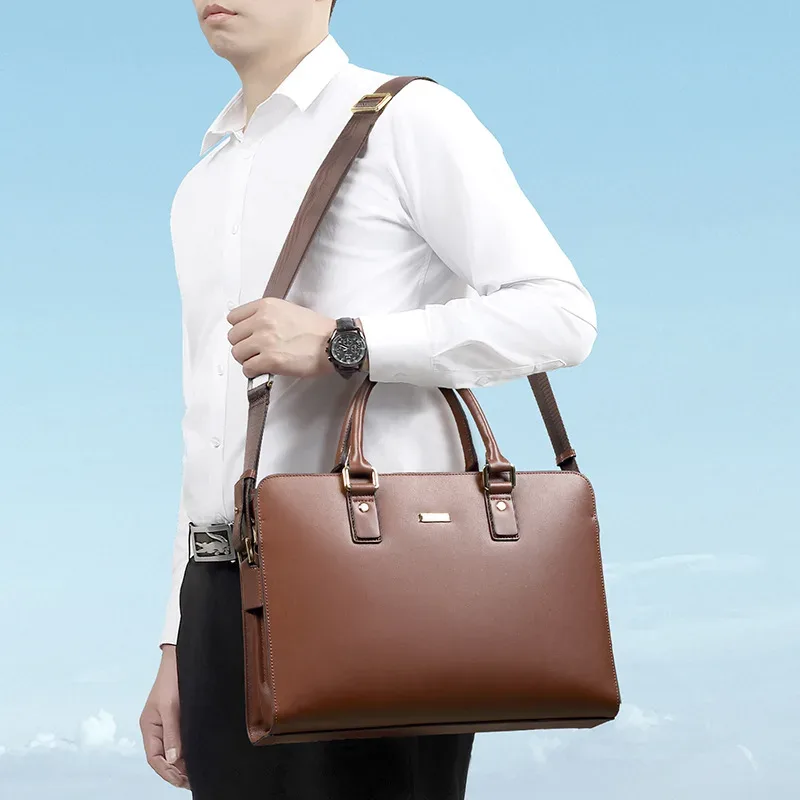porte-documents en cuir véritable pour hommes, en cuir de vache fendu, grande capacité, sac à main d'affaires horizontal, pochette d'ordinateur, nouvelle collection