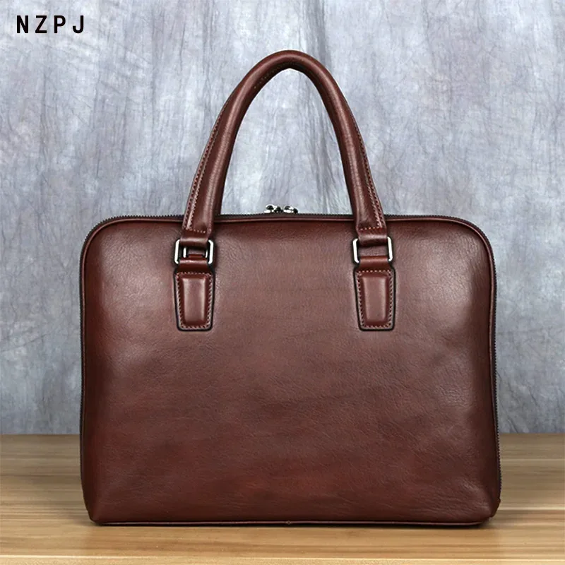porte-documents vintage en cuir de vache pour hommes, sac à main décontracté, sacoche à bandoulière marron pour ordinateur portable de 14 pouces, nzpj