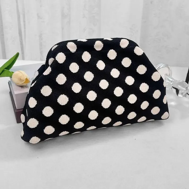nouvelle vente : trousse de maquillage rétro européenne et américaine à pois, tricotée, bicolore, grande capacité, portable