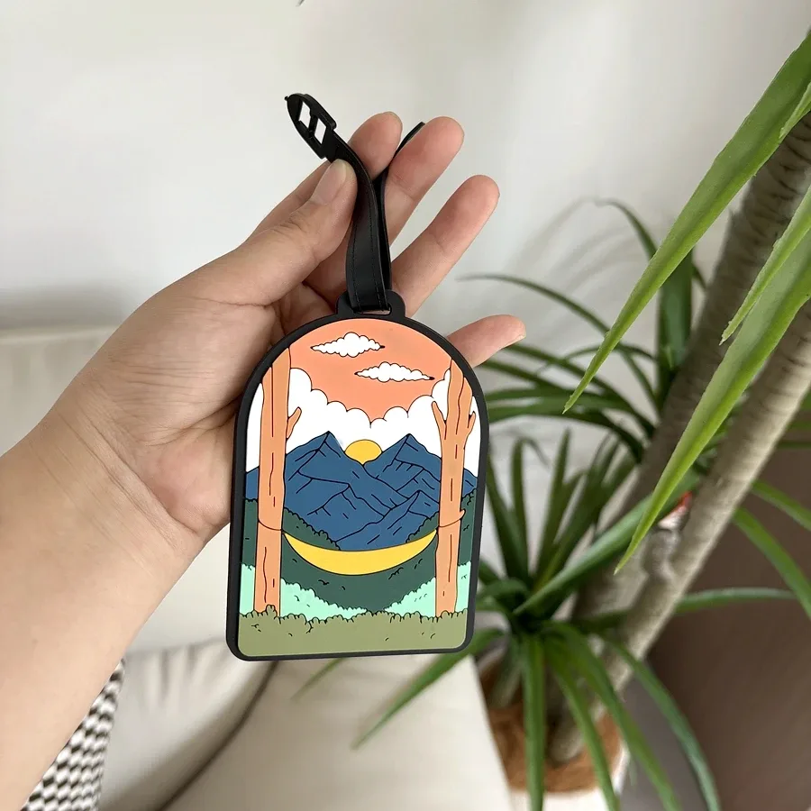 étiquette de bagage pour valises, étiquettes d'identification de bagages avec paysage de montagne et de coucher de soleil pour le voyage, protection de la vie privée pour sacs de voyage