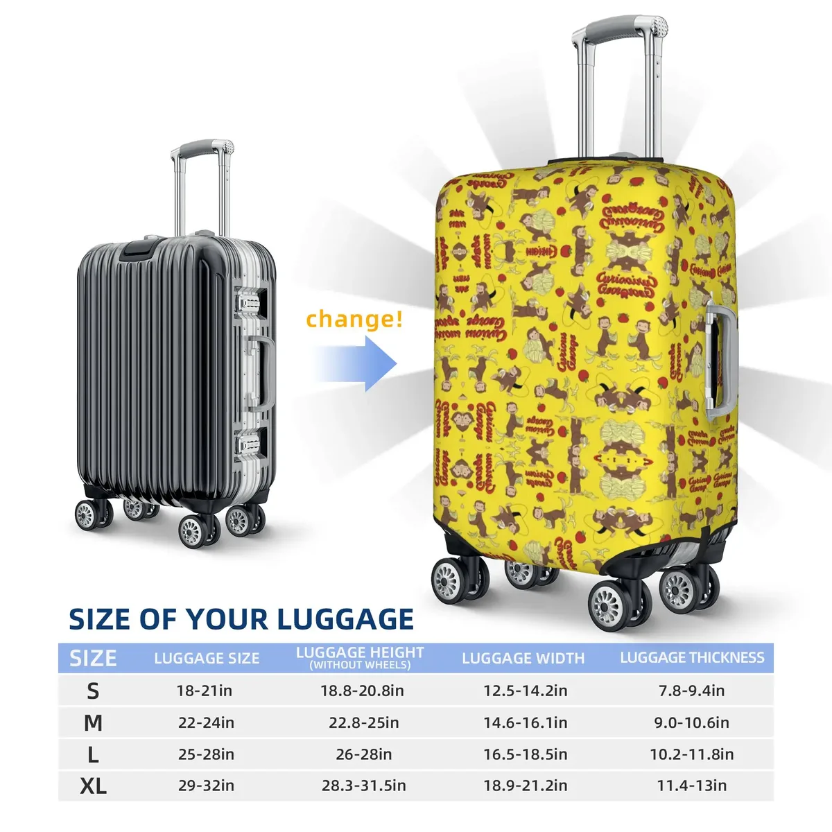 housse de valise anti-poussière, motif dessin animé curious george funny tv monkey anime, protection pour bagages de 18 à 32 pouces