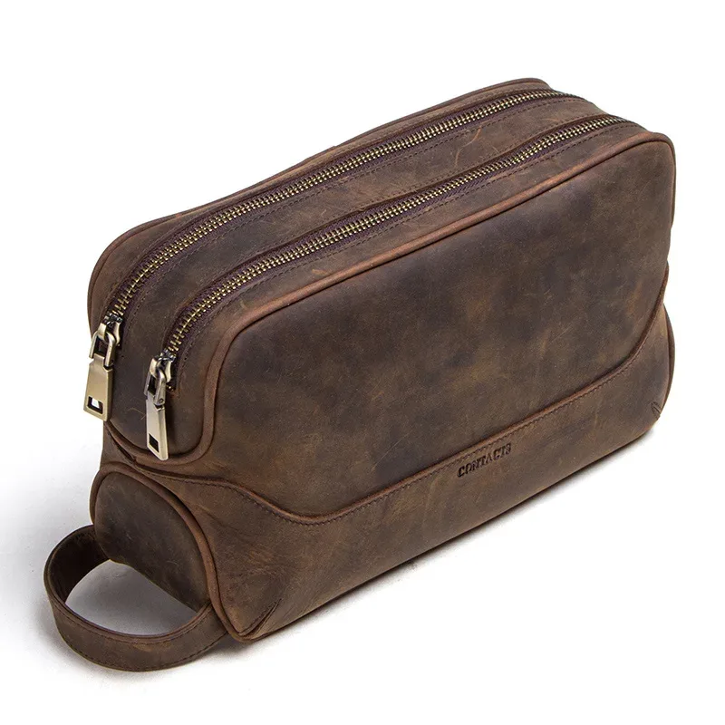 contact's-trousse de toilette en cuir véritable pour homme, trousses de toilette vintage, trousses de maquillage, sac de voyage, crazy horse