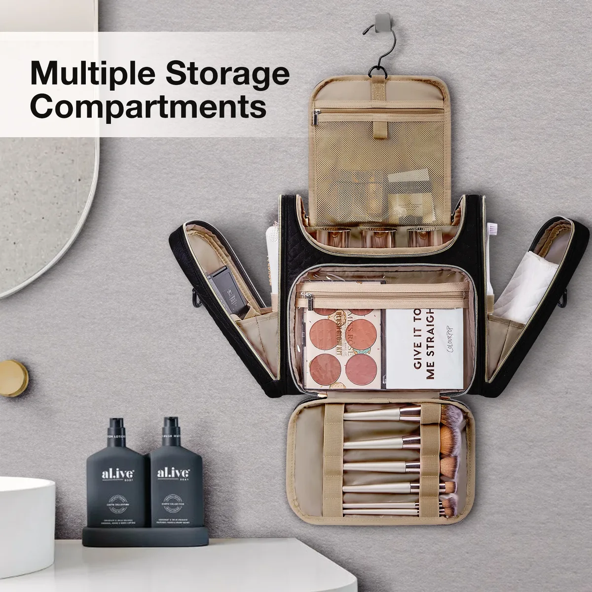 trousse toilette cosmétique pvc noir doré grande capacité organisateur voyage compartiments séparés humidificateur maquillage