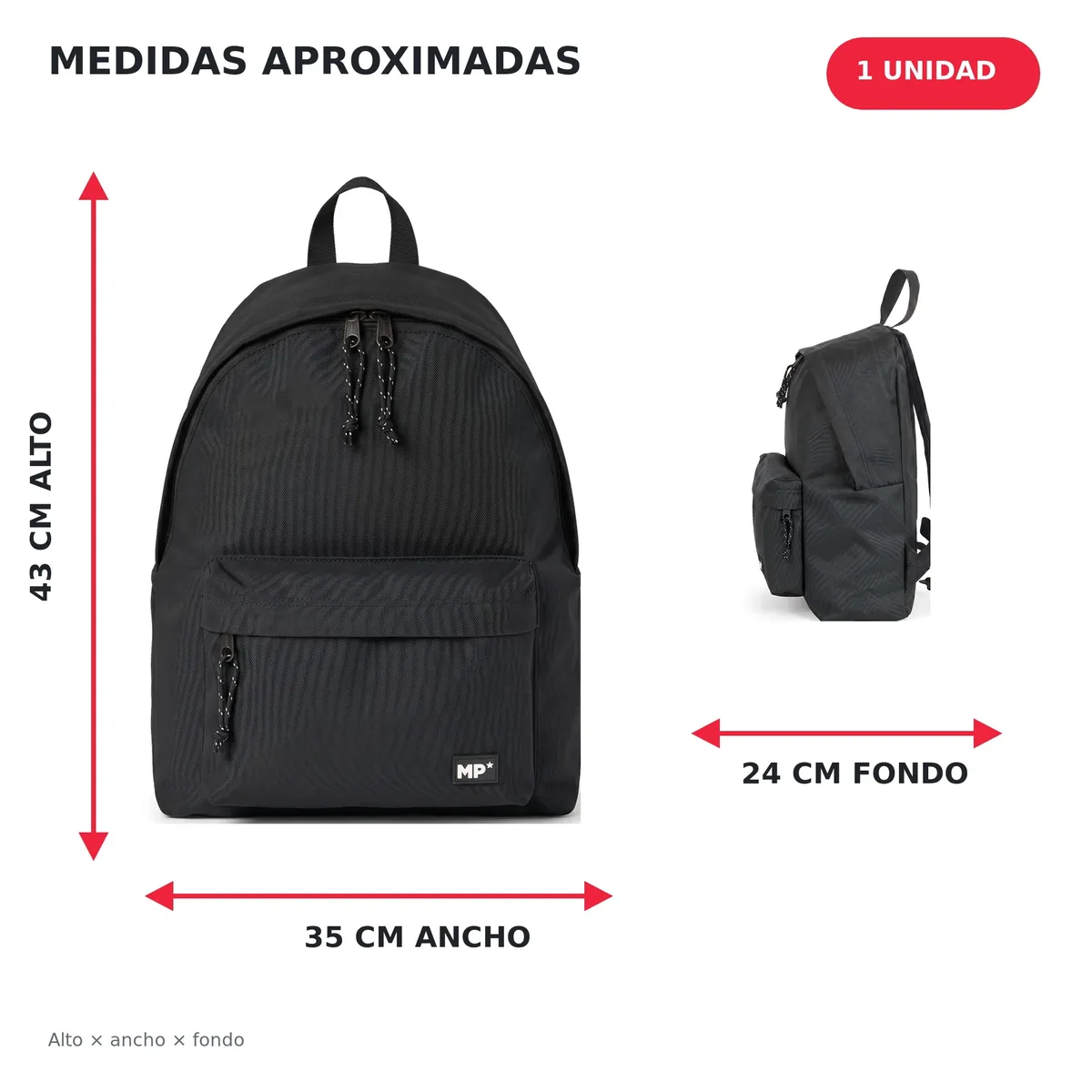 sac à dos scolaire décontracté noir mp 35x24x43cm | poignées et dos rembourrés, plusieurs compartiments et poche latérale | sac à dos basique durable pour l'école, l'université, les voyages et le bureau