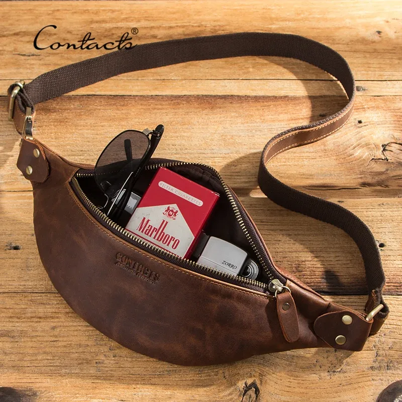 contact's – sacs de taille en cuir véritable crazy horse pour hommes, sac banane de voyage, sac à bandoulière simple pour téléphone, sacs de poitrine 2023
