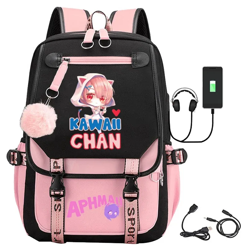 sac dos toile noire broderie fille chat bleu texte aphmau rose bandes latérales cuir sport poche rabat décontracté