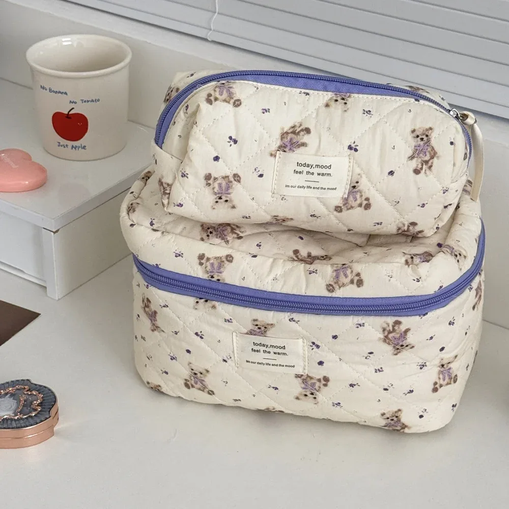sac de maquillage ours de dessin animé pour femmes, grande capacité, mignon organisateur de voyage, pochette matelassée, sac à main de rangement de toilette pour dames