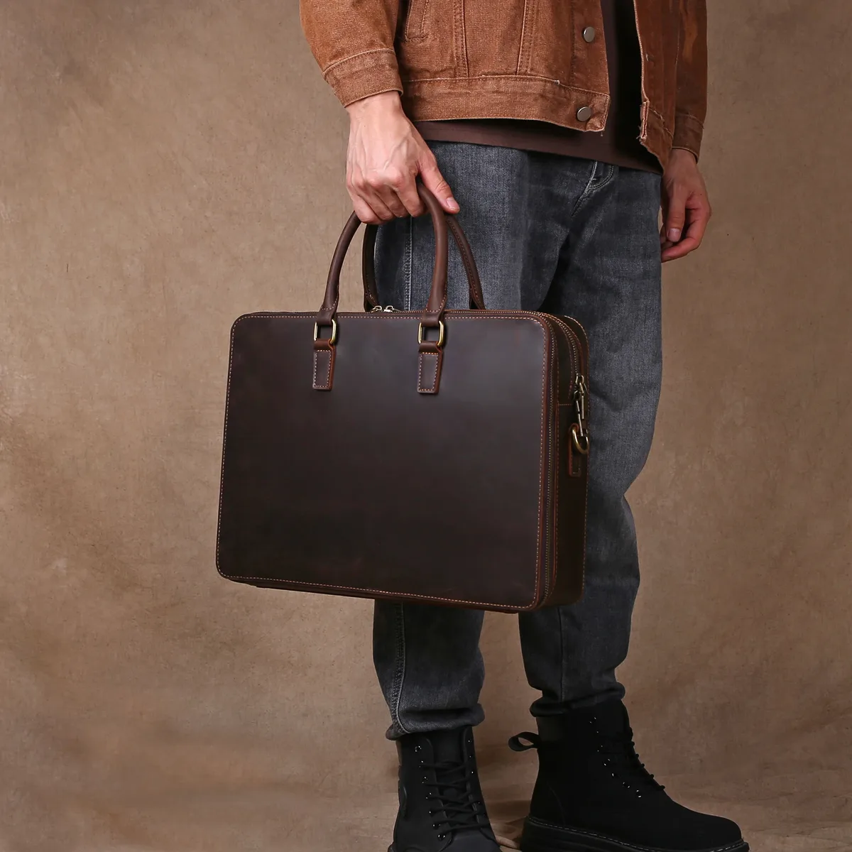 mallette d'affaires originale décontractée en cuir véritable, sac à main, sac d'ordinateur en peau de vache de couche supérieure, sac à bandoulière simple