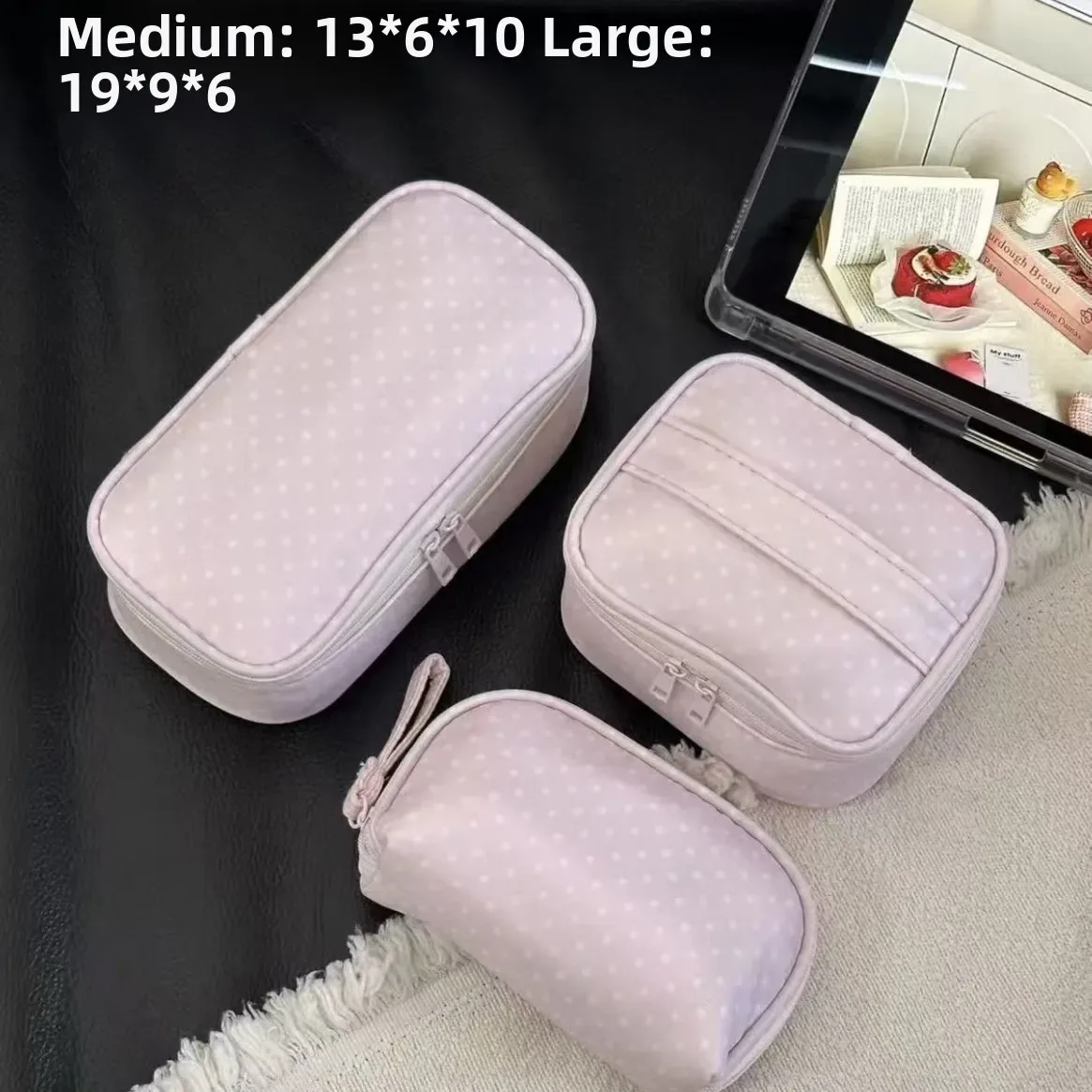 trousse de maquillage grande capacité à pois pour femme, sac de rangement cosmétique portable de voyage, trousse de toilette multifonctionnelle rose style ins