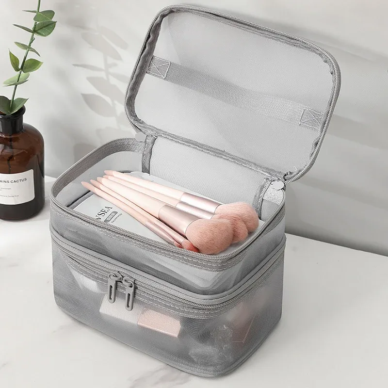 sac à maquillage en maille double couche, sac de rangement multifonctionnel en maille, sac de rangement de voyage pour maquillage