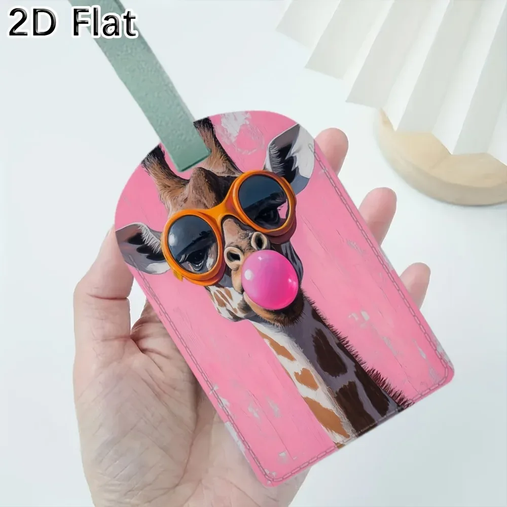 étiquette de bagage mignonne en forme de girafe avec lunettes et motif de chewing-gum, étiquette de valise pour le voyage