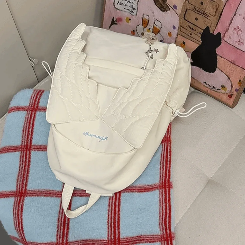 sac à dos polyvalent à ailes d'ange, couleur unie, grande capacité, en nylon, style y2k, sac à dos léger en toile pour adultes et étudiants
