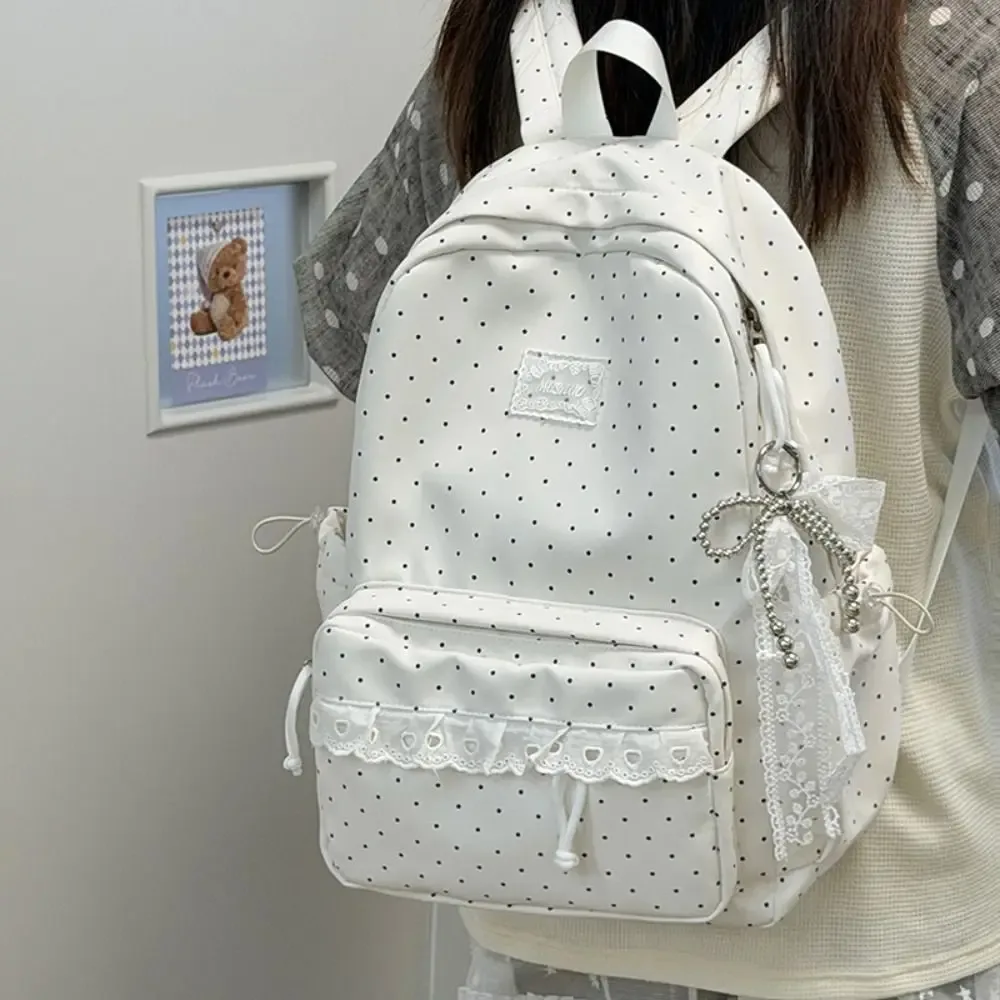 sac à dos y2k à pois, style minimaliste, grande capacité, avec dentelle, léger, design nœud, idéal pour étudiants, cadeau