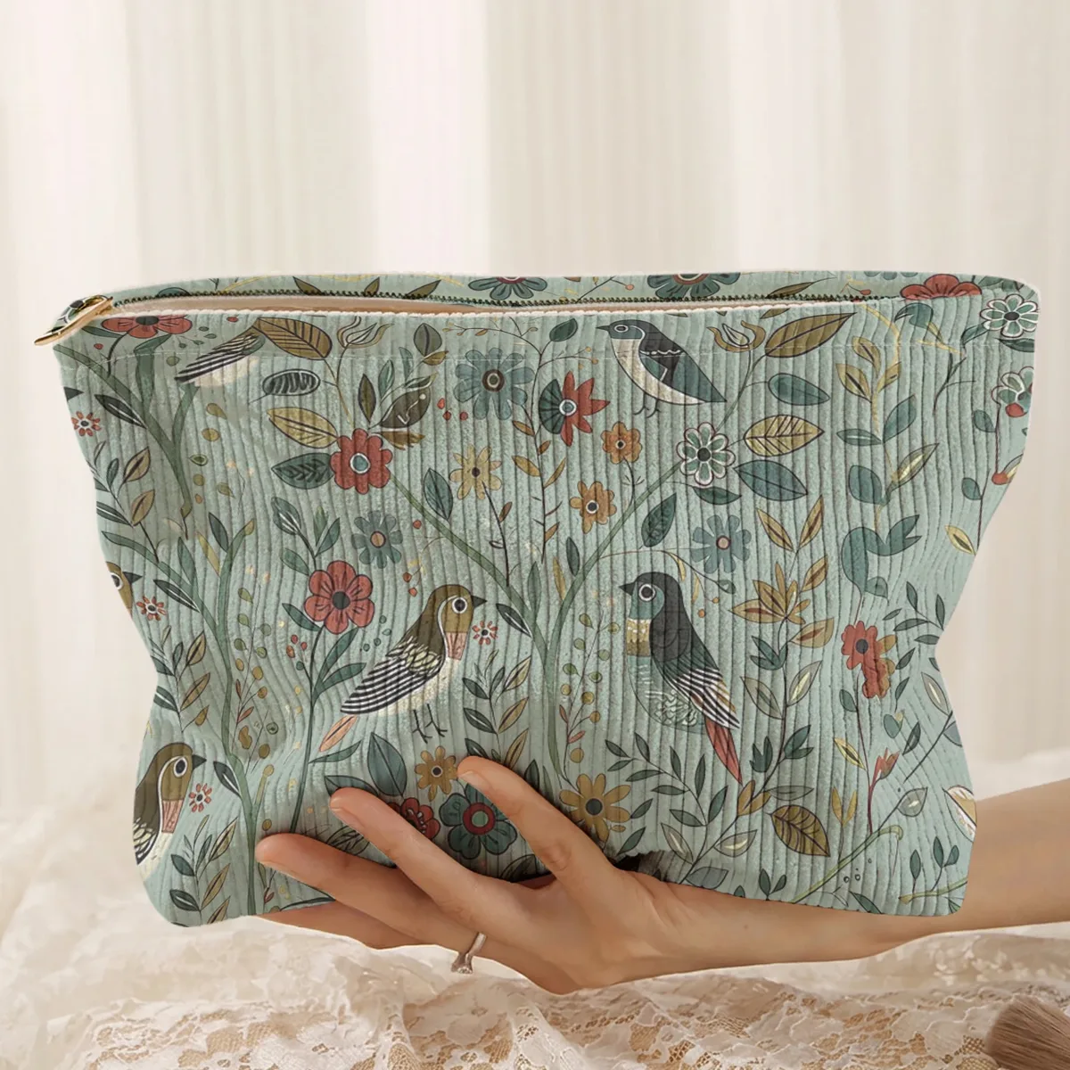 1 pièce, trousse de maquillage en velours côtelé avec motif d'oiseaux et de branches, légère et multifonctionnelle pour le rangement des cosmétiques.