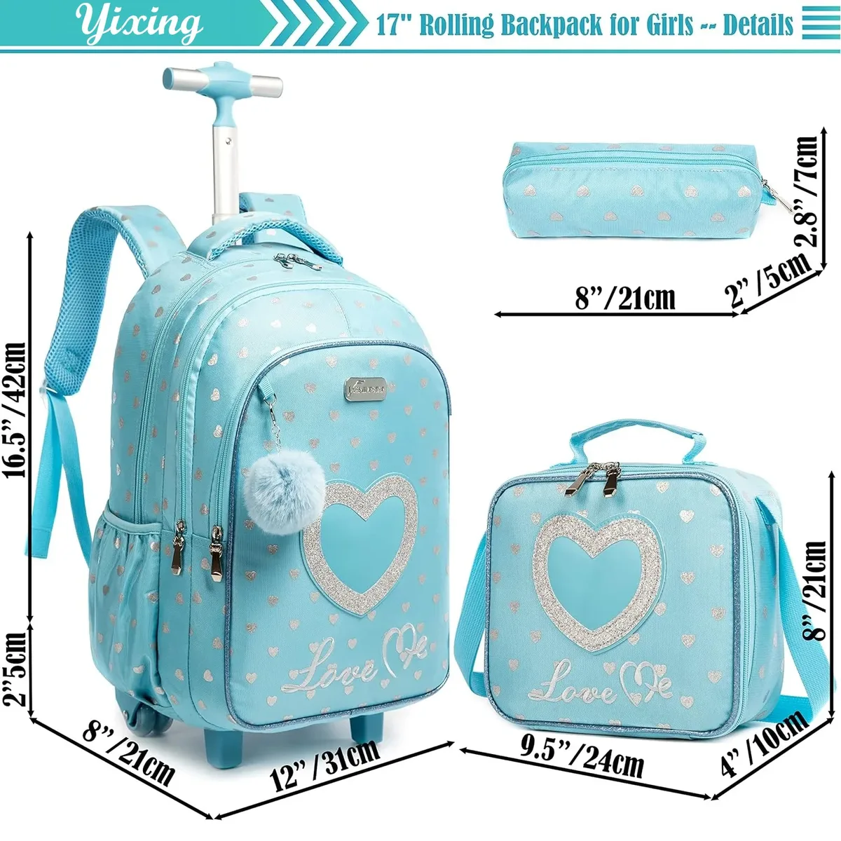 sac dos polyester toile dessin animé bleu pastel coeurs dorés love scolaire transport voyage filles