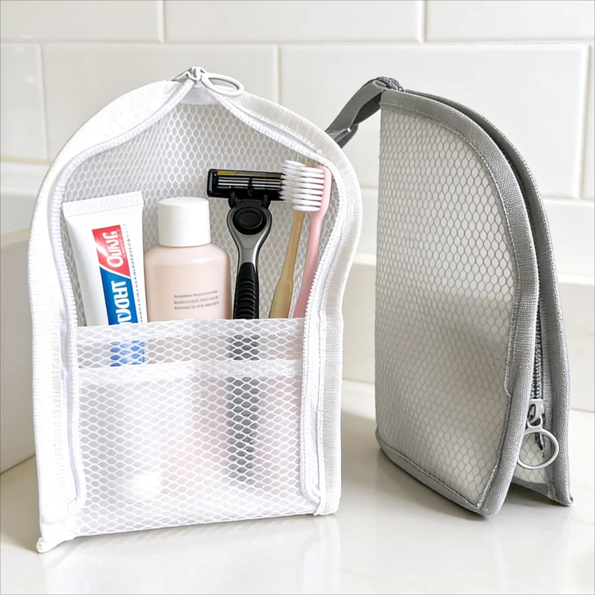 sac de toilette de voyage en maille, organisateur de cosmétiques respirant, pochette portable à fermeture éclair pour ranger le dentifrice et la brosse à dents dans la salle de bain