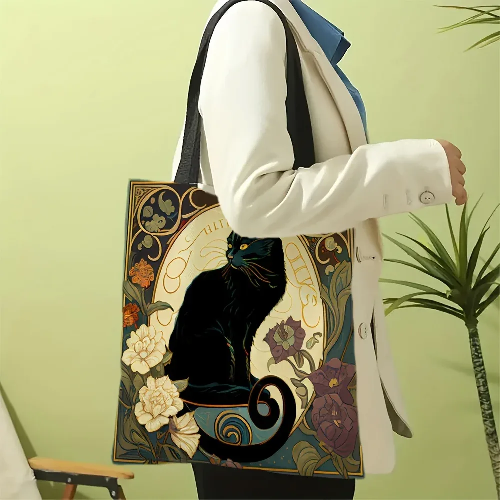 sac fourre-tout rétro art noble chat noir, sac à bandoulière à la mode, sac de courses léger quotidien en tissu de lin 40x40cm, sac à main