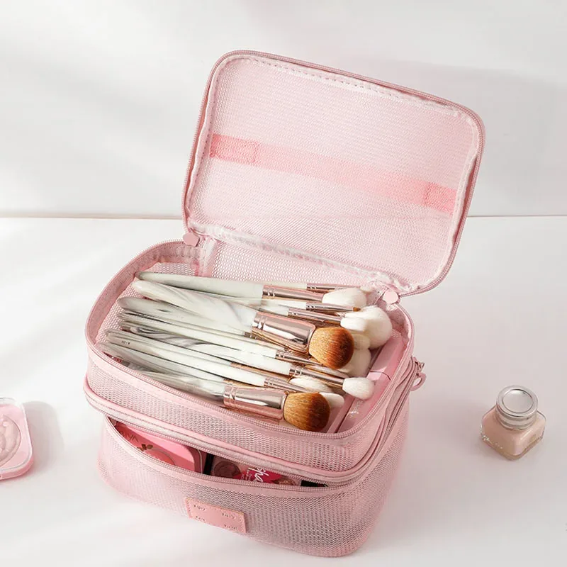 organisateur de toilette transparent de grande capacité, pochette de rangement cosmétique portable pour femmes, sac à maquillage respirant en maille