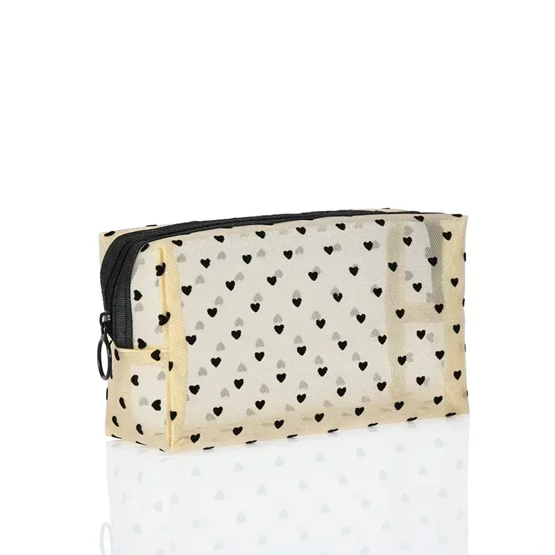 sac à cosmétiques en maille de nylon, organisateur de toilette en forme de cœur à fermeture éclair, sacs de maquillage multifonctionnels pour femmes, rouge à lèvres, clé, porte-monnaie