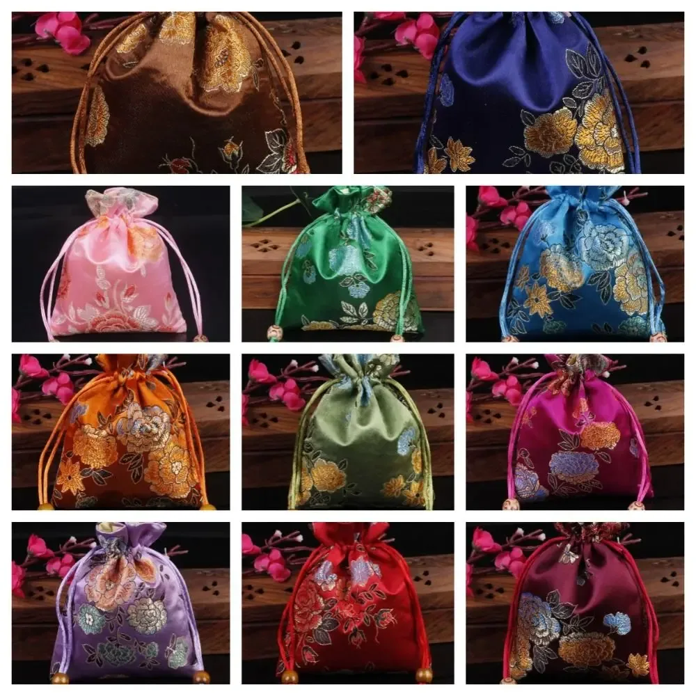sac à cordon brodé floral, porte-monnaie, sac à bonbons, sac d'emballage pour bijoux, sac à sucre festif de grande capacité de style chinois