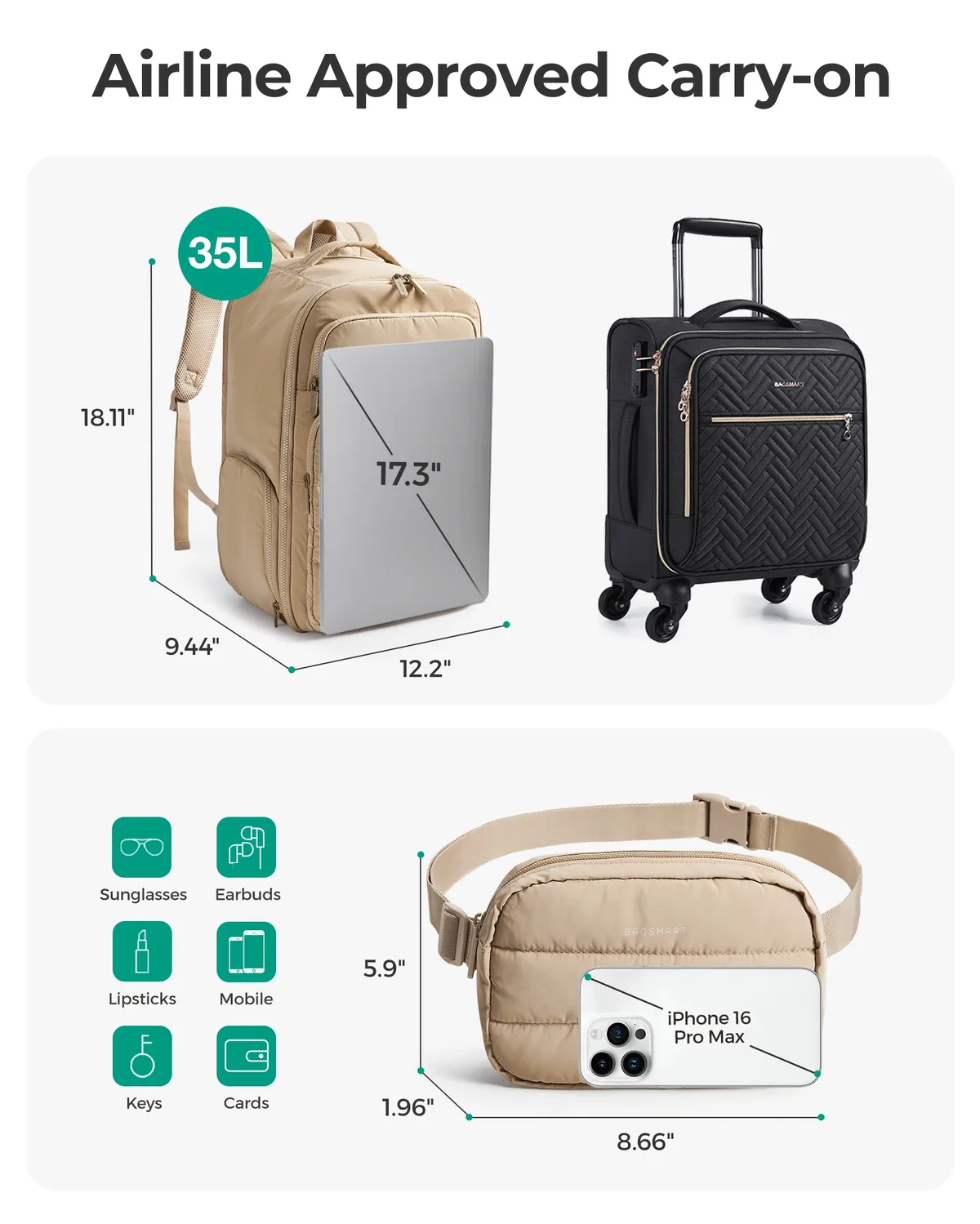 sac dos polyester gris noir kaki 35 litres 17 pouces compacts organisés voyage business week end