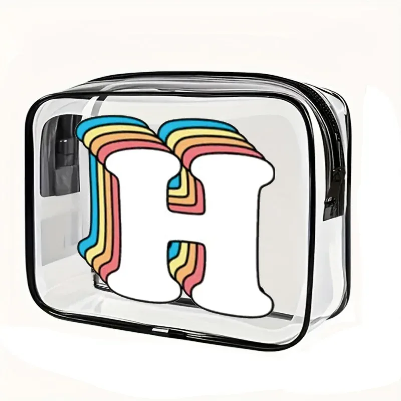 organisateur voyage cosmétiques pvc translucide poignée noire motif arcs-en-ciel lettre grande capacité format tonneau sac compression
