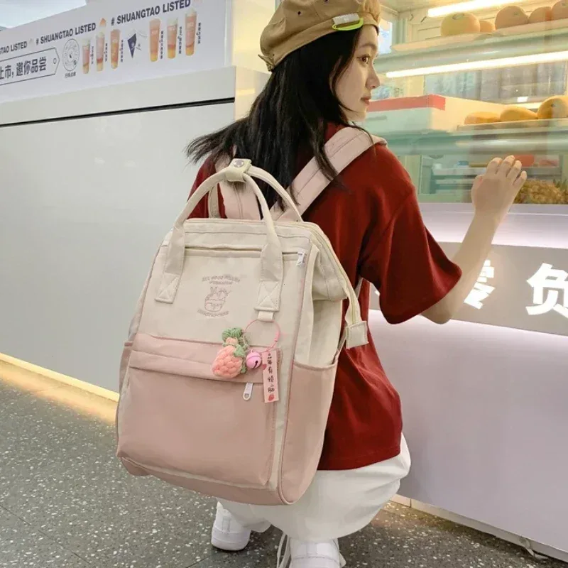 sac dos nylon pastel beige violet bandoulière ouverte motif fruits poche avant voyage loisirs